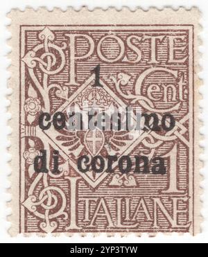 AUSTRIA — 1919 January 7: 1 centesimo brown Occupation of Trentino and Venezia-Giulia stamp depicting Savoy Coat of Arms. Savoy was a royal dynasty that was established in 1003 in the historical Savoy region. Through gradual expansion, the family grew in power from ruling a small Alpine county north-west of Italy to absolute rule of the Kingdom of Sicily from 1713 to 1720, when they were handed the island of Sardinia, over which they would exercise direct rule from then onward. Through its junior branch of Savoy-Carignano, the House of Savoy led the Italian unification in 1860 Stock Photo