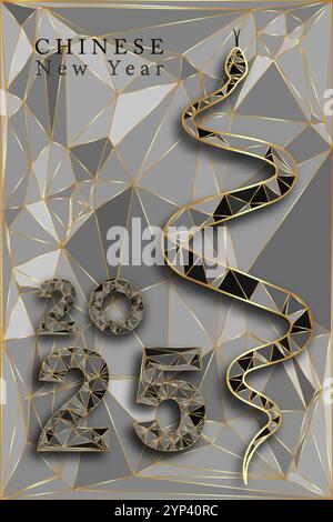 2025 Chinese New Year low poly texture background. Year of the Snake. Vector geometric triagles, grey gold modern art design for cover, card, poster, Stock Vector