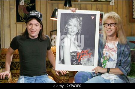 WAYNE'S WORLD 1992 Paramount Pictures film with  Mike Myers as Wayne Campbell at right and Dana Carvey as Garth  Algar Stock Photo