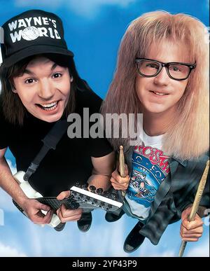 WAYNE'S WORLD 1992 Paramount Pictures film with  Mike Myers as Wayne Campbell at right and Dana Carvey as Garth  Algar Stock Photo