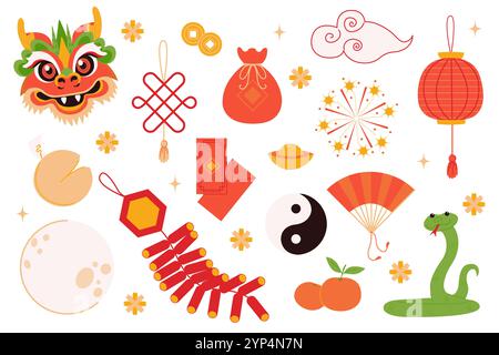 Vector set of Lunar year decorations elements. Chinese new year illustration in flat style. All elements are isolated. Stock Vector