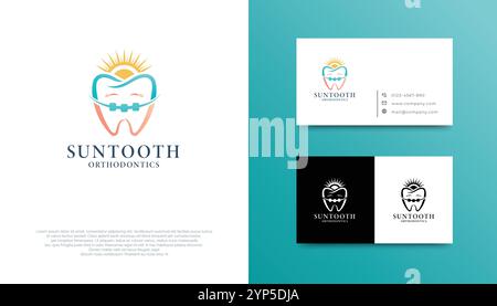 Modern orthodontic services, features a tooth with braces and sun symboModern orthodontic services logo, features a tooth with braces and sun symbol Stock Vector