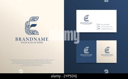 Elegant Letter E Logotype, This logo blends intricate floral patterns and a minimalist leaf, symbolizing elegance, growth, and sustainability in a tim Stock Vector