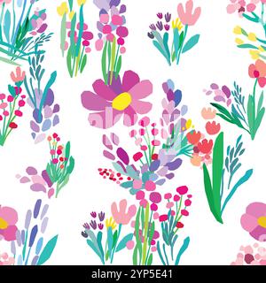 Seamless pattern of colorful flowers and leaves on a white background. Floral textile print. Vector wildflowers Stock Vector