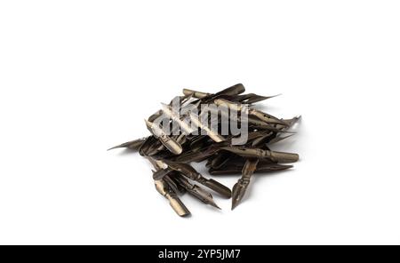 Depicted vintage metal nibs Star for writing with ink on a white background. Stock Photo