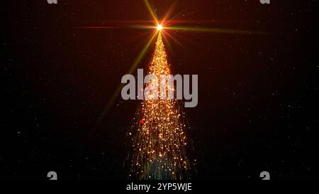 Glowing Christmas tree animation with snowflakes and particles on golden. Holiday concept and background. Stock Photo