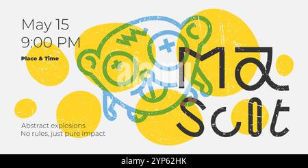 Horizontal poster with funny graffiti-style character, abstract shapes, and vintage scratches. Features creative font. Editable template blending modern art and trendy design Stock Vector