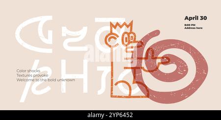 Bold poster template with funny graffiti-style character, vintage textures, and vibrant abstract shapes. Unique font enhances modern art and fashion-inspired designs Stock Vector