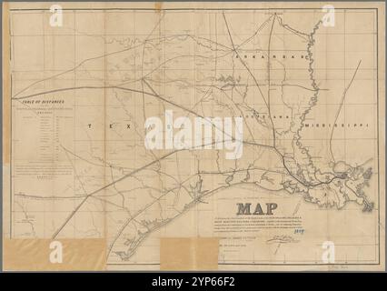 Map exhibiting the fixed location of the main trunk of the New-Orleans, Opelousas & Great Western Railroad of Louisiana : together with its proposed branches, connections and extensions in Louisiana, Arkansas & Texas ; also its connecting steamship routes from Berwicks Bay to ports in the Gulf of Mexico, together with the advantages in point of directness & diminished distance to the Pacific Coast, New Orleans, La., January 24th, 1859 1859 by New Orleans, Opelousas, and Great Western Railroad Company Stock Photo