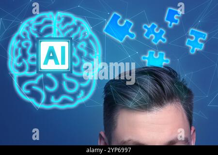 Artificial intelligence. Man, illustration of glowing brain with AI abbreviation and puzzle pieces on blue background Stock Photo