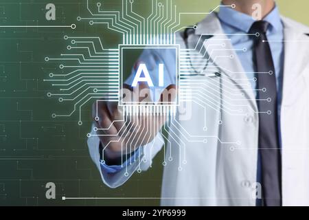 Artificial intelligence in medicine. Healthcare worker touching virtual AI chip on green background, closeup Stock Photo