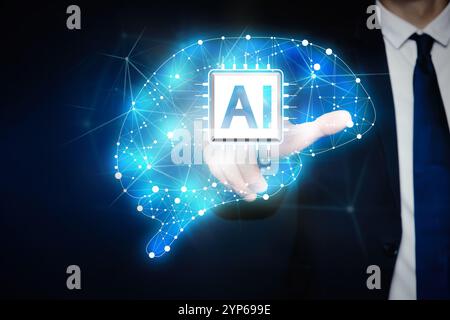 Artificial intelligence. Businessman touching virtual brain with AI chip dark background, closeup Stock Photo