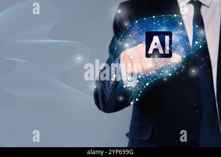 Artificial intelligence. Businessman touching virtual brain with AI chip on grey background, closeup Stock Photo