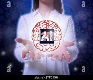 Artificial intelligence. Woman holding virtual brain with AI abbreviation, closeup. Blue gradient background with cogwheels Stock Photo