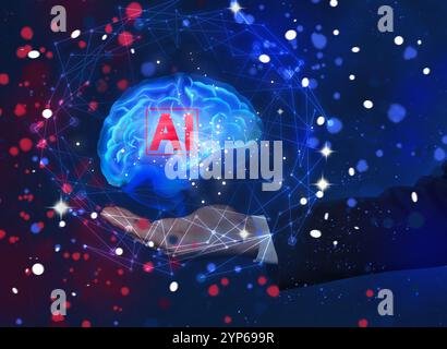 Artificial intelligence. Businessman holding virtual brain with AI abbreviation on blue background, closeup Stock Photo