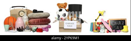 Garage sale. Different stuff isolated on white, set Stock Photo