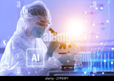 Artificial intelligence in medicine. Laboratory worker and illustration of DNA, double exposure. AI chip and icons Stock Photo