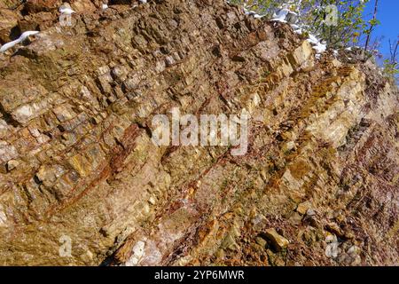 The close-up relief of the rocks texture with layers. Stock Photo