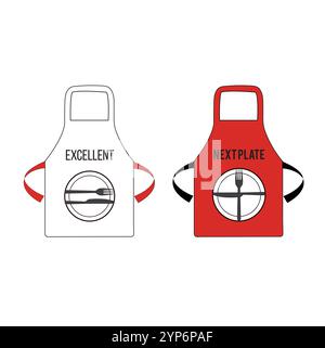 Red and white aprons with the draw of cutlery language on a white background Stock Vector