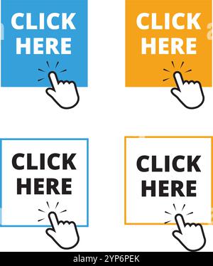 Blue and yellow square click here button with a hand clicking on a white background Stock Vector