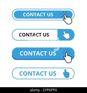 White and blue contact us button with a hand clicking on a white background Stock Vector