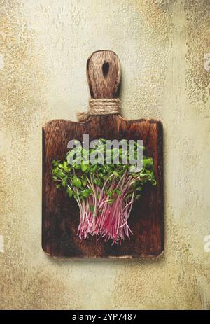 Fresh micro-greens, beetroot sprouts, on a wooden chopping board, top view, no people Stock Photo