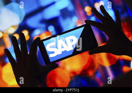 In this photo illustration, the SAP SE logo is displayed on a smartphone screen Stock Photo