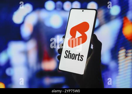 In this photo illustration, the YouTube Shorts logo is displayed on a smartphone screen Stock Photo