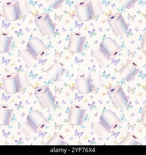 Abstract watercolor toilet paper and butterfly background. Hand drawn rolls and butterflies pattern. Watercolour colorful texture. Print for textile, Stock Photo