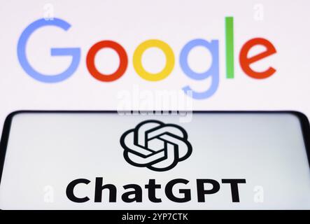 In this photo illustration, the ChatGPT logo is seen displayed on a smartphone and background the Google company logo Stock Photo