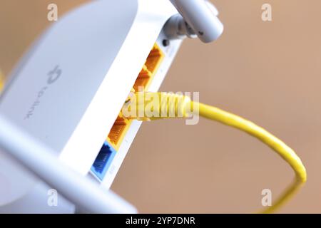 In this photo illustration, yellow internet network cable connected to a Wi-Fi signal receiver Stock Photo