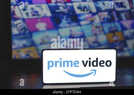 In this photo illustration, the Amazon Prime Video logo is displayed on a smartphone screen Stock Photo