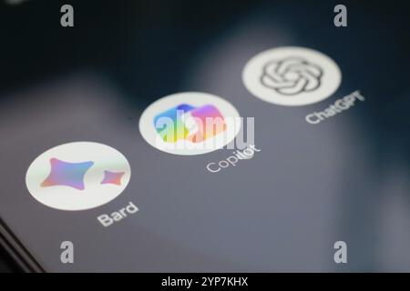 In this photo illustration, the app logo Google Bard, Microsoft Copilot and ChatGPT (OpenAI) is displayed on a smartphone screen Stock Photo