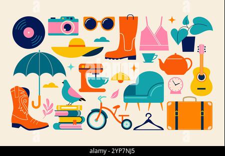 Collection of different home goods. Flea market, Garage sale, stickers, icons, elements Stock Vector