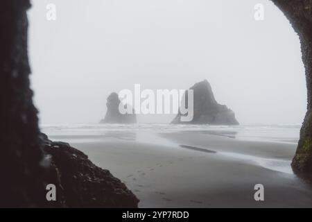 View from a cave onto rocks in the sea, sand with footprints, Whakariki Beach, New Zealand, Oceania Stock Photo