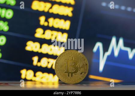 In this photo illustration, a Bitcoin coin is seen on the table and in the background, a stock market graph Stock Photo