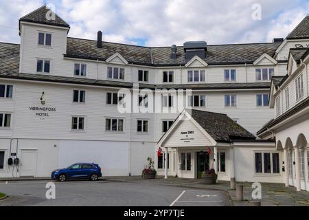 Eidfjord village in Norway and the Voringfoss hotel which offers fjord view rooms, Norway,Europe,2024, formerly the Quality Hotel Stock Photo