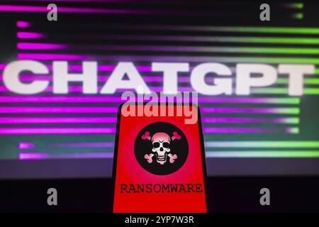 In this photo illustration, the representation of a ransomware is displayed on a smartphone screen and background the logo ChatGPT (OpenAI) Stock Photo