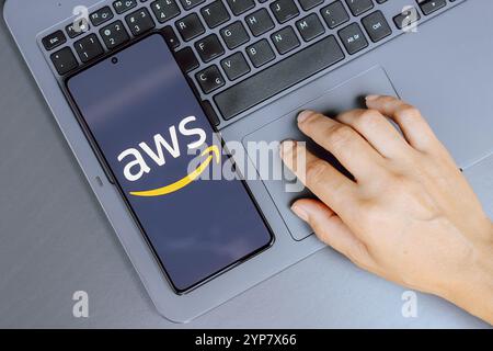 (AWS) logo is displayed on a smartphone screen Stock Photo
