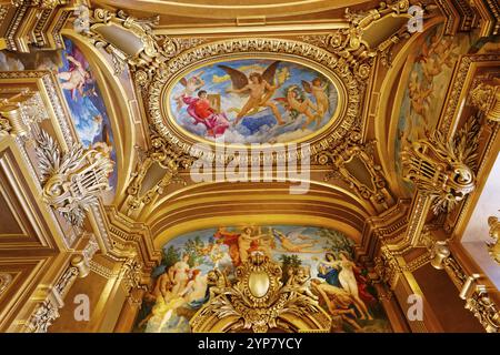 PARIS, FRANCE, MARCH 14, 2017 : interiors, frescoes and architectural details of the palais Garnier, Opera of Paris, march 14, 2017 in Paris, France, Stock Photo