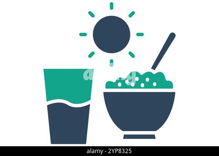 Lunch icon. solid icon style. rice bowl with glass and sun. icon related to meal. meal elements vector illustration Stock Vector