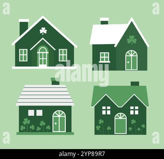 Green St. Patrick's Day house decorated with shamrocks flat vector illustration set. Stock Vector