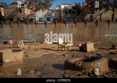 Valencia, Spain. 28th Nov, 2024. The Barranco del Poyo in the town of Massanassa south of Valencia. On November 29, one month has passed since the Isolated Depression at High Levels (DANA) that hit the towns in the south of the Spanish city of Valencia at the end of October and which, in addition to causing millions in economic damages, claimed the lives of more than 200 people. Credit: SOPA Images Limited/Alamy Live News Stock Photo