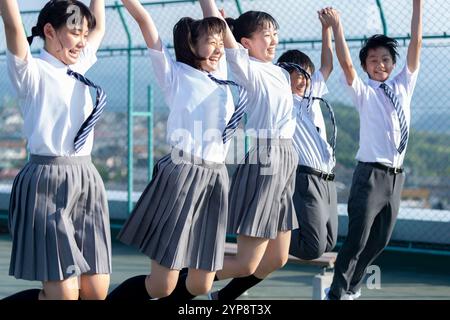 Junior high school students on rooftop Stock Photo