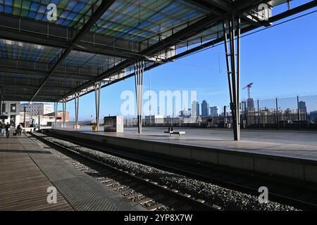 Ostend station (Station Oostende) railway platform – Ostend, Belgium – 24 October 2024 Stock Photo