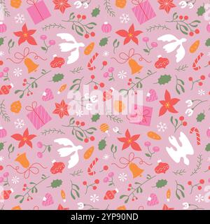 Christmas seamless pattern of different hanging bell, ball, toy. Cute kawaii pink background about peace. Stock Vector