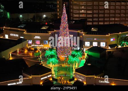 The 'World’s tallest fresh-cut Christmas Tree,' a 115-foot white fir tree from Mt. Shasta, at the Citadel Outlets, Thursday, Nov. 28, 2024, in the Commerce area of Los Angeles. Stock Photo