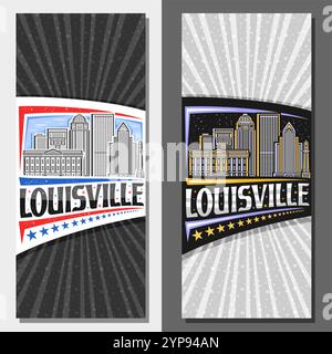 Vector vertical layouts for Louisville, decorative ticket with illustration of louisville city scape on day and dusk sky background, art design touris Stock Vector