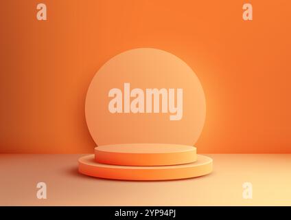 Vibrant 3D orange toned scene featuring circular platforms on a peach floor with a smooth gradient wall, product displays, mockups, and modern showroo Stock Vector