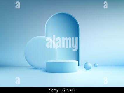 3D cylindrical blue podium sits in a sleek room with an arched doorway, a large circle, and scattered spheres. Showcasing products, mockups, or contem Stock Vector